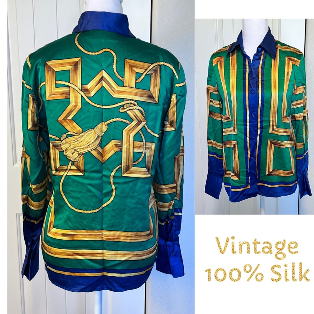 Linda Allard Ellen Tracy Vtg 90's Silk Art Deco Colorblock Gold Rope Blouse Sz 2